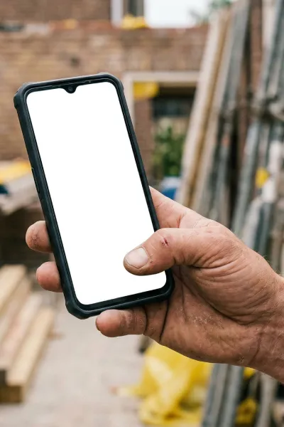 Vakman houdt de Klusmaat app op zijn telefoon